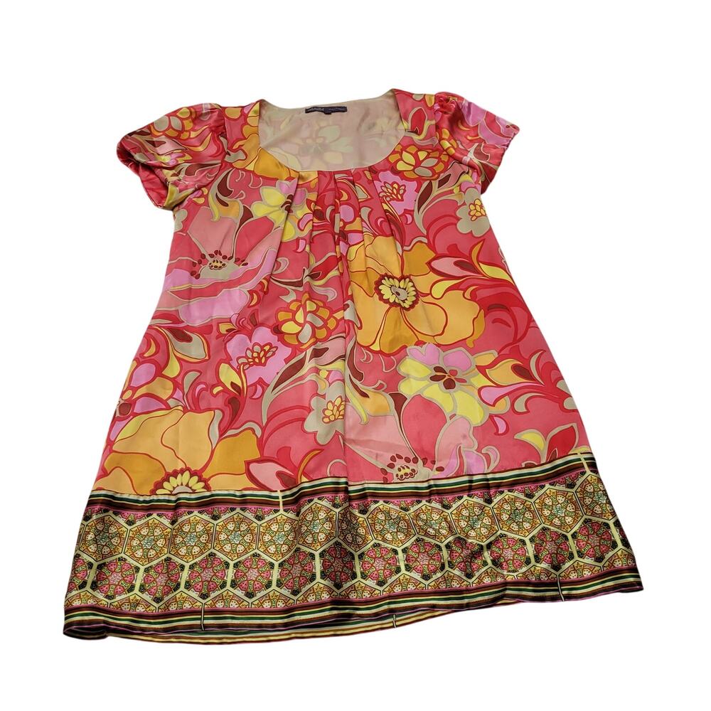 Hale Bob 100% silk popover floral mini dress shift retro pink hippie Y2k small